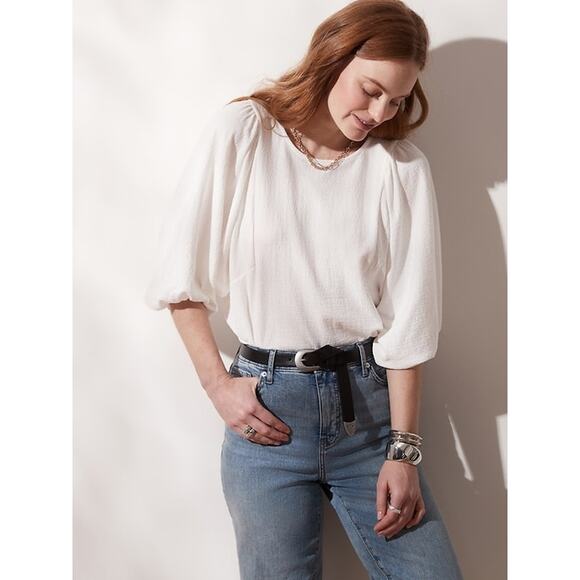 Banana Republic Textured Puff 3/4 Sleeve Top White Relaxed Fit Womens Small - Picture 7 of 7